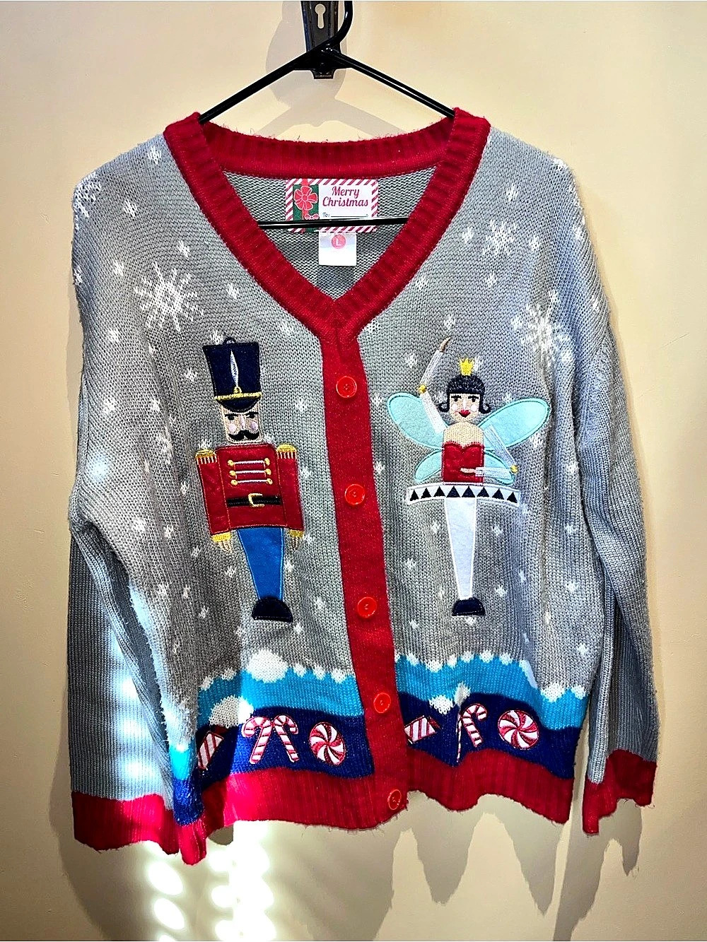Vintage Nutcracker & Sugar Plum Fairy Holiday Ugly Sweater Kitschy Sz L